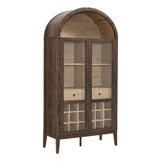 Modway Nolan Modern Farmhouse Arched Bar Cabinet in Dark Walnut Wood Grain - 72 Inch Tall Wine Storage Cabinet with Glass Doors and Wine Rack - Large Liquor Cabinet for Dining or Living Room
