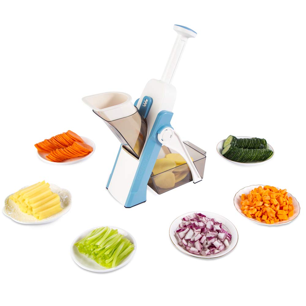 ONCE FOR ALL Safe Mandoline Slicer 5 in 1 Vegetable Cutter, Strips Julienne Dicer Adjustable Thickness 0.1-8 mm for Kitench Fast Meal Prep (Light Blue)