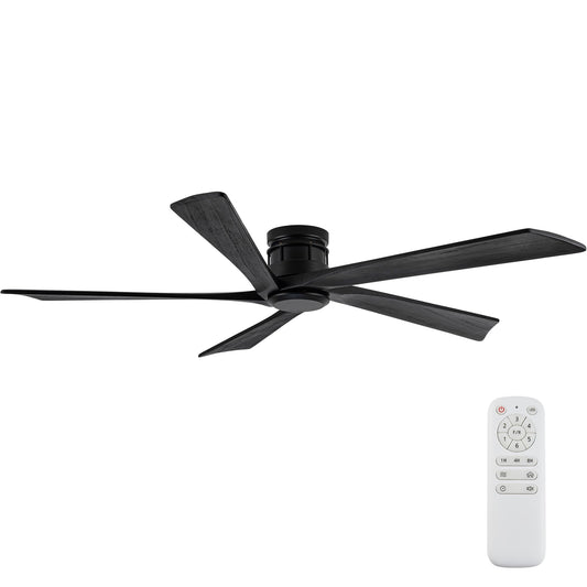 Vernal Life 64 Inch Modern Flush Mount Ceiling Fans no Light for Living Room, 5 Reversible Wood Blades, 6-Speeds, 110V Noiseless DC Motor (Black Finish with Black Blades)