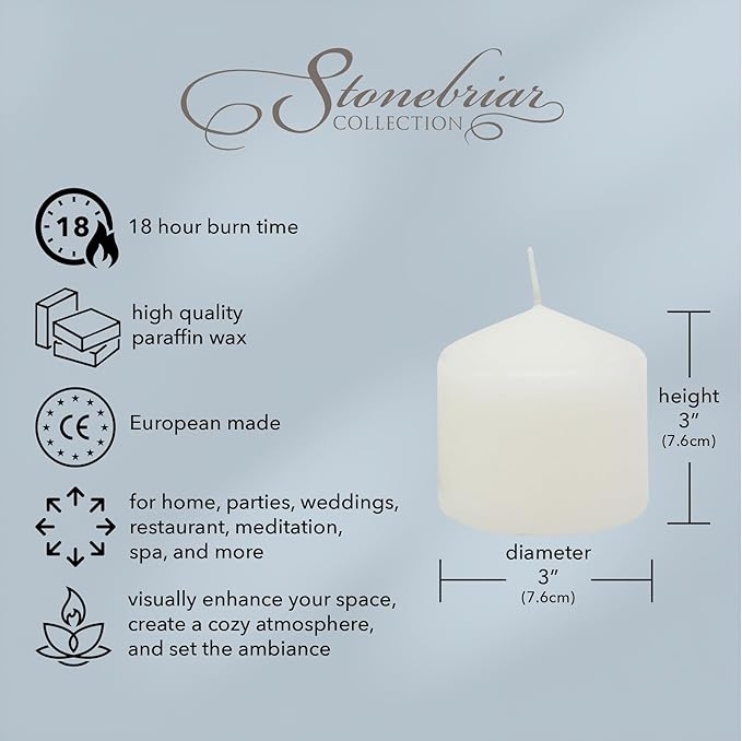 Stonebriar 3 Pack Tall 3 x 3 Inch 18 Hour Long Burning Unscented White Wax Pillar Candles