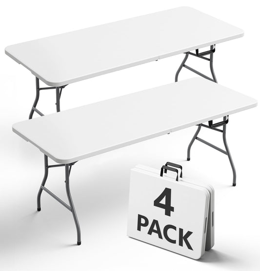FurniEdge 6FT Folding Table 4 Pack, Heavy Duty Plastic Table with Handel, 400lbs Portable Table, Reinforced Steel Legs, Fold-in-Half Table Ideal for Parties, Picnics, Weddings, Camping White