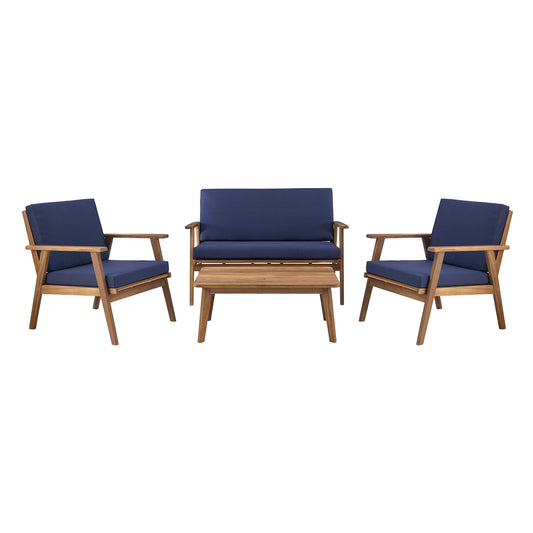 Linon Rosemary Solid Acacia Wood Four Piece Outdoor Chat Set with Blue Removable Cushions