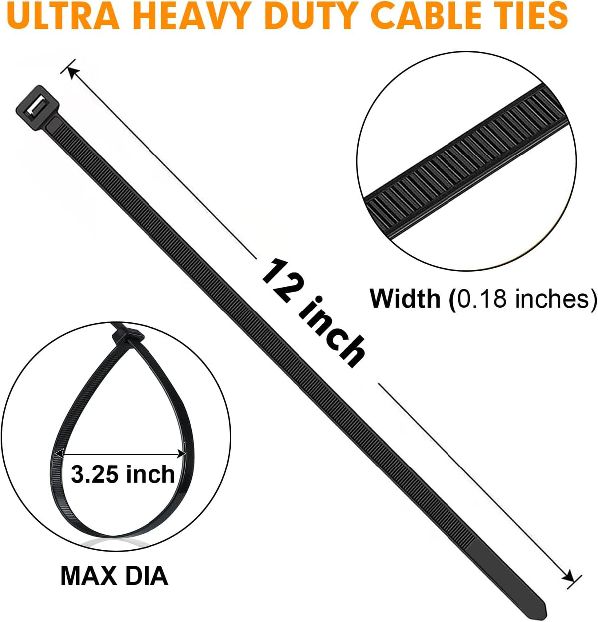 1200pcs 12 Inch, 50lb RAZCC Black Cable Zip Ties Heavy Duty Plastic Nylon Tie Wraps with Tensile Strength for Indoor