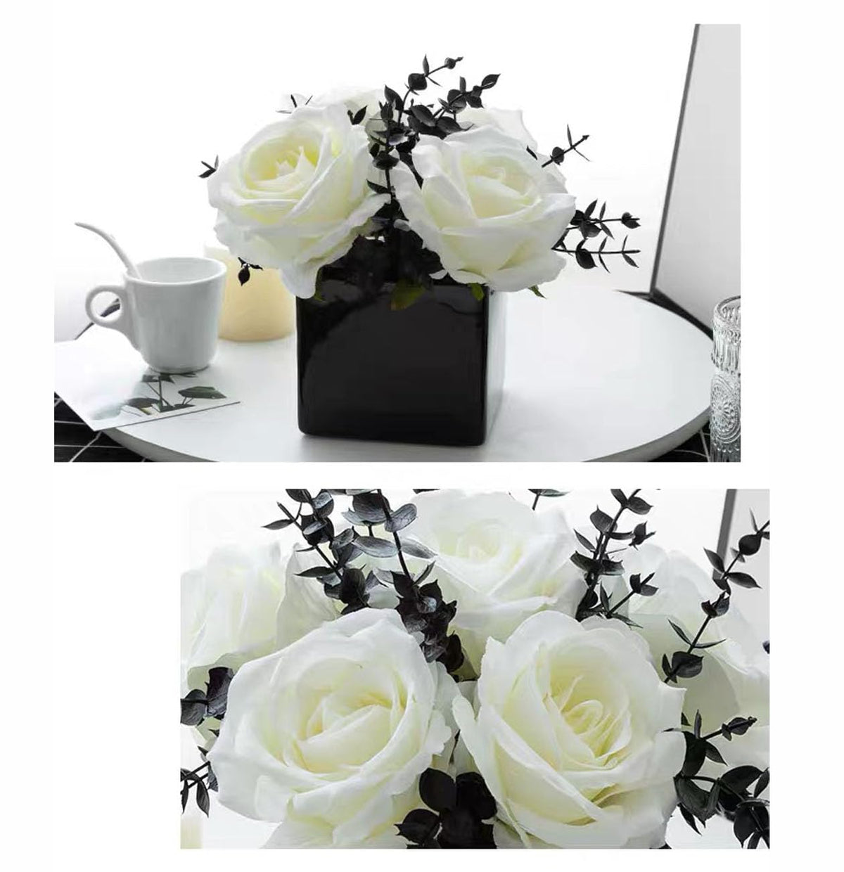 LADADA Artificial Flowers with Small Ceramic Vases, Roses in Vases Plastic Artificial Flowers and Plants,Used for Home Office Wedding Decoration, Table Decoration(White+Black)