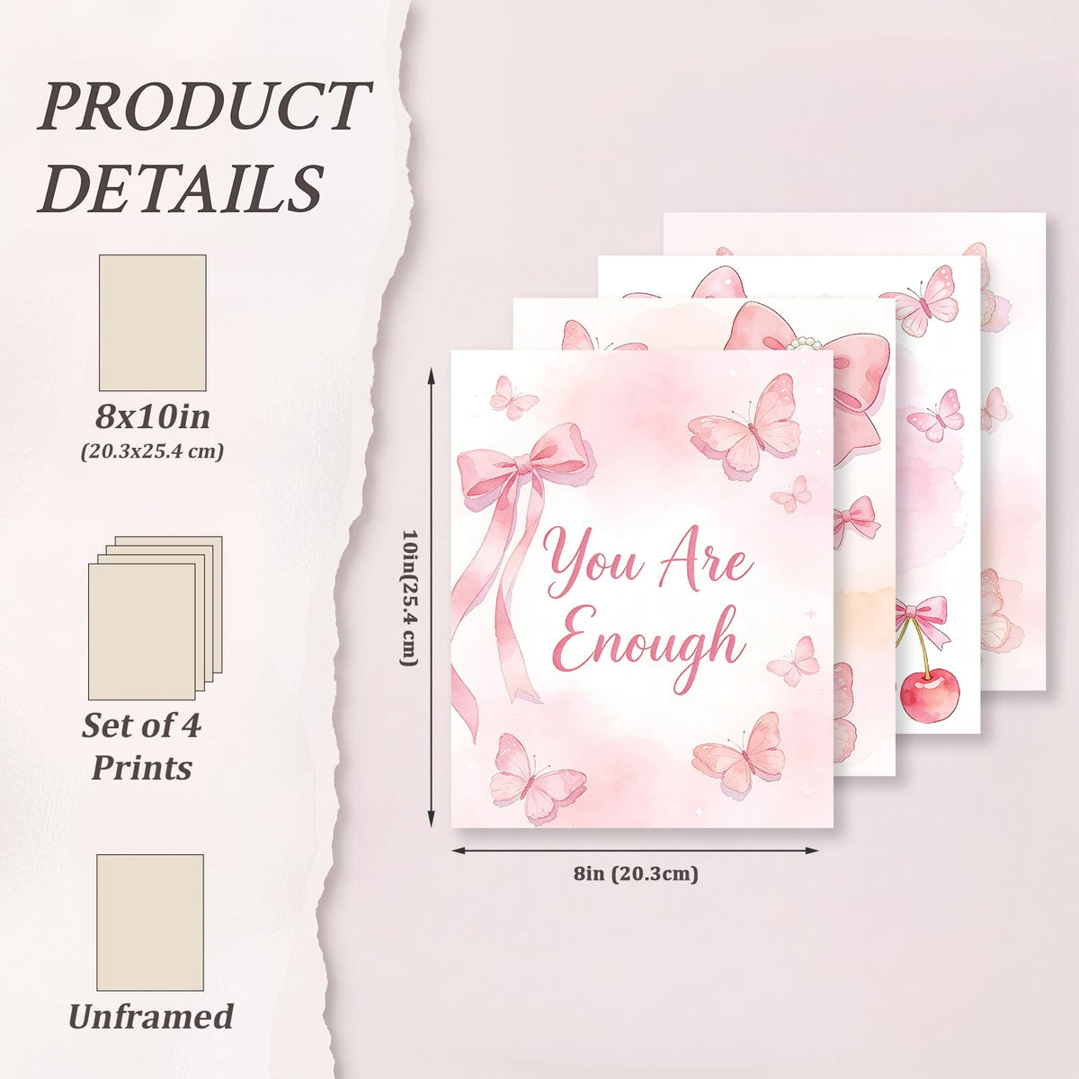 SJUDHHG Dorm Room Decor for Girls, Pink Bow & Cherry Posters, Aesthetic Prints, Ideal Birthday Graduation Gift for Girls, Cute Wall Art for College Apartment Bedroom Living Room Dorm, 8 x 10 inch Set of 4 (Unframed)