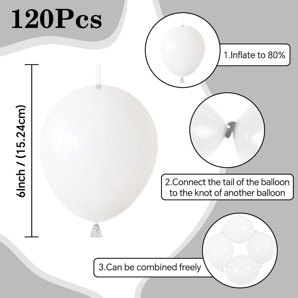 White Link Balloons - 120 Pcs 6-Inch Latex Balloons for Birthday, Baby Shower & Wedding Decor
