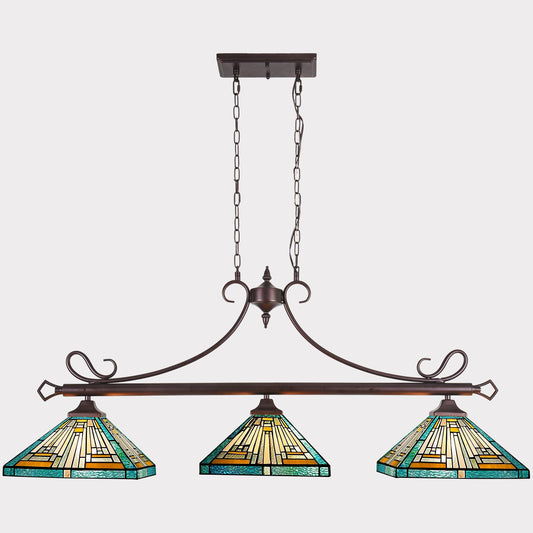Capulina Tiffany Lamp Stained Glass Pool Table Light Chandelier 3-Lights 12 Inches Wide Amber Green Antique Mission Tiffany Style Pendant Light for Dining Room Kitchen Island Pool Table Hall Farmhouse