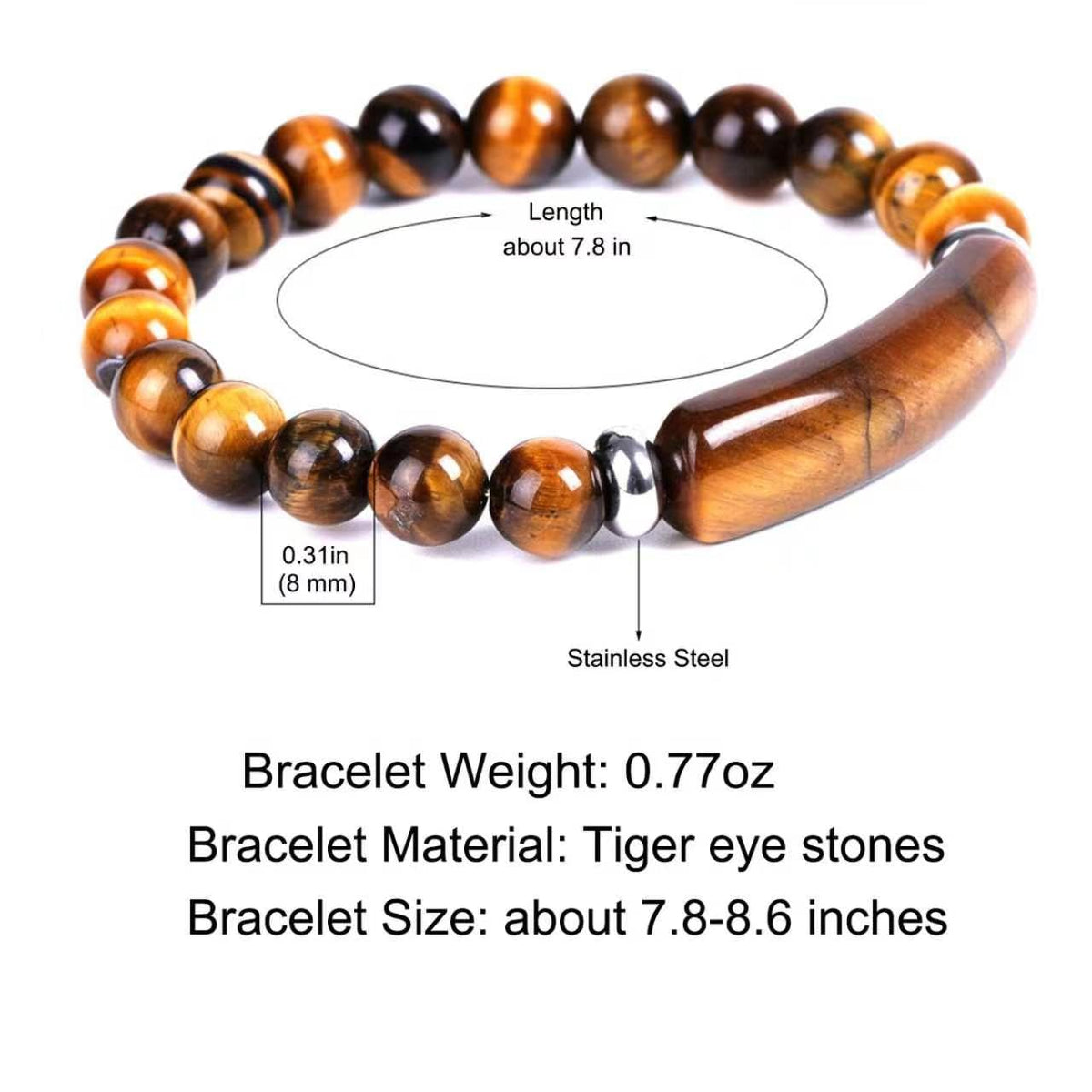 Kim Carrey Italian Tiger's Eye Mens Bracelet Stainless Steel Waterproof, Men's Bracelets Birthday Annivesary Gift for Him (Big Tiger's Eye Beads)