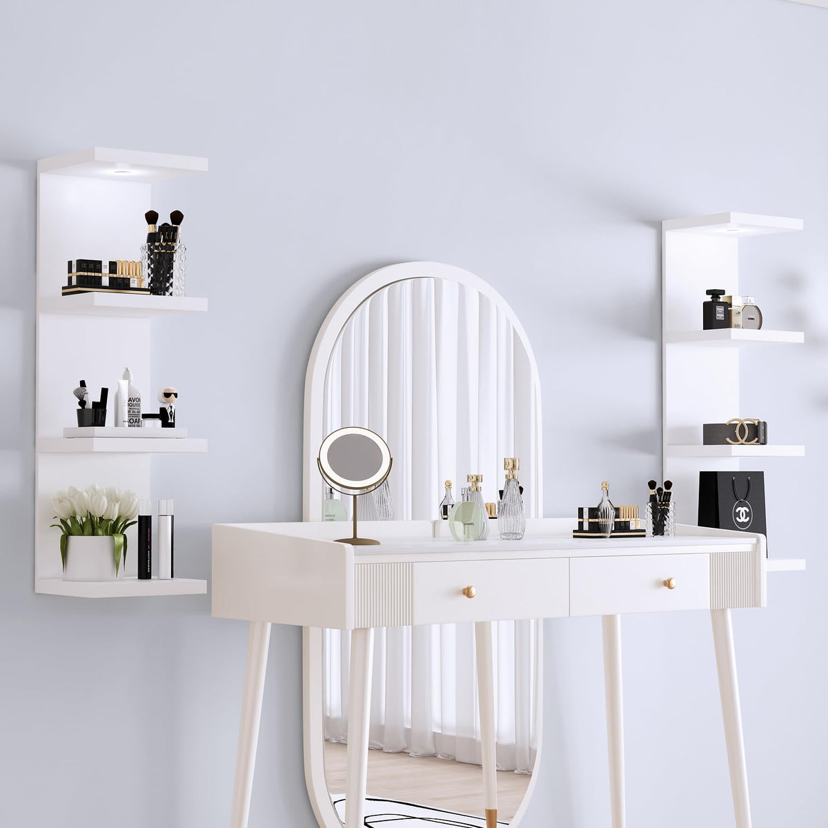 LitaEther Versatile 4 Tier Wall Shelf Unit,White Lack Wall Shelf,Display Floating Shelf with LED Remote Control Light