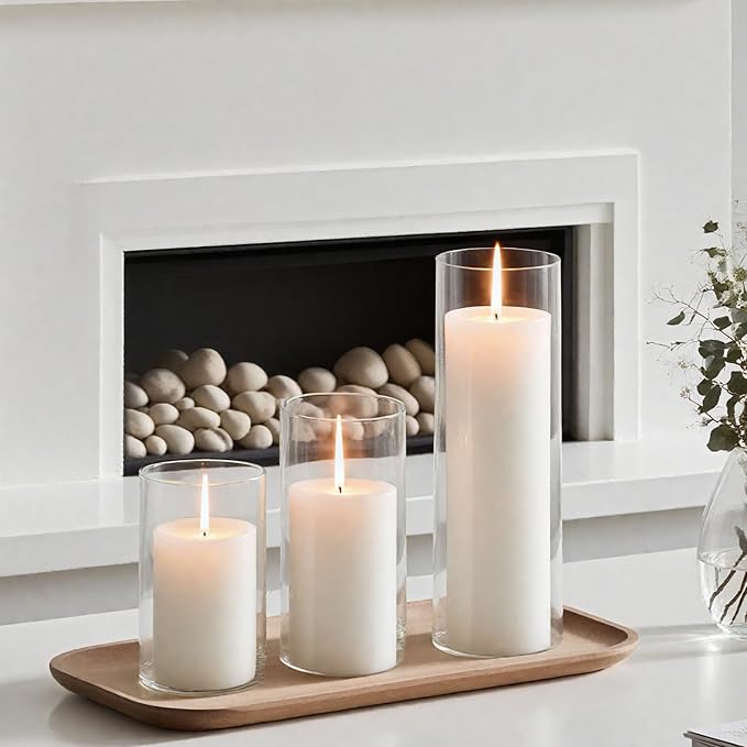 24 Pcs White Pillar Candles with Glass Candle Holder Hurricane Glass Candle Holders Clear Cylinder Vases for Centerpieces Wedding Office Party Home Table Decor
