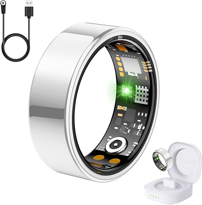 Health Tracker Ring, Smart Health Ring for Women Men with Heart Rate, Blood Oxygen, Sleep Monitor, Steps,Calories, No Subscription Fee, IP68 Waterproof Smart Ring for iPhone & Android (Silver, 9#)
