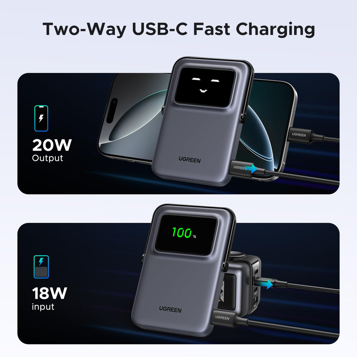UGREEN Uno Magnetic Power Bank, Wireless Portable Charger, 20W Fast Charging Battery Pack with Foldable Stand and TFT Display 5000mAh for iPhone 17/17 Air/17 Pro/17 Pro Max/16/15/14/13 Series, Black