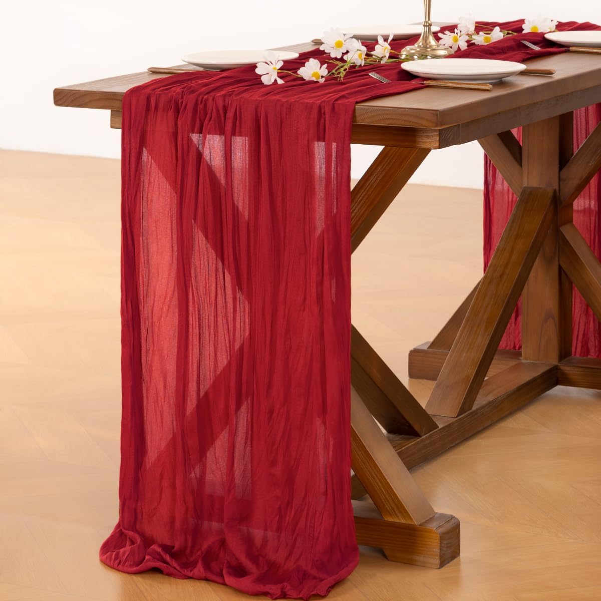Socomi Cheesecloth Table Runner - 3pcs Red Boho Rustic Design | 120 Inch for Weddings & Events
