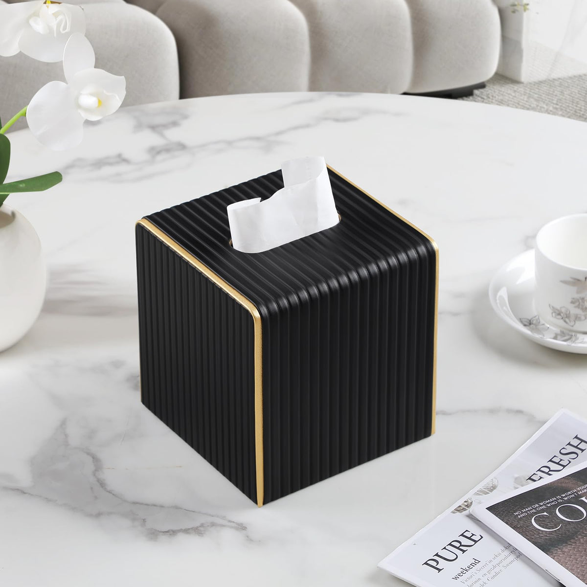 Square PU Leather Tissue Box Cover with Magnetic Closure, Decorative Tissue Holder & Storage Container for Bedroom, Living Room, Dining Room, Bathroom, Countertop, Desk & Office (Black)