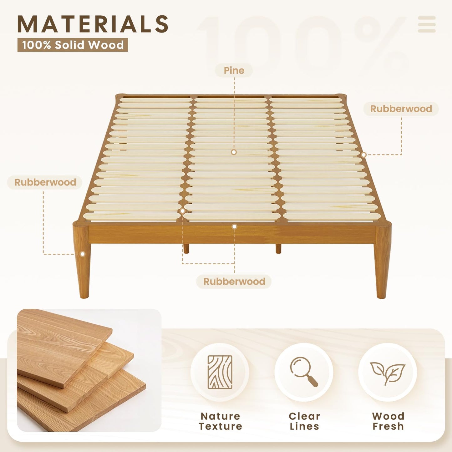 IOTXY Twin Platform Bed Frame - Solid Wood 16-Inch Height Mattress Foundation Base with Densely Slats and Heavy-Duty Support Legs, No Box Spring Needed, Teak