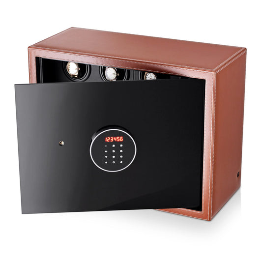 Watch Winder Security Safe for Automatic Watches with Digital Lock, Faux Leather Finish and Interior Backlight (12 watches, Brown)