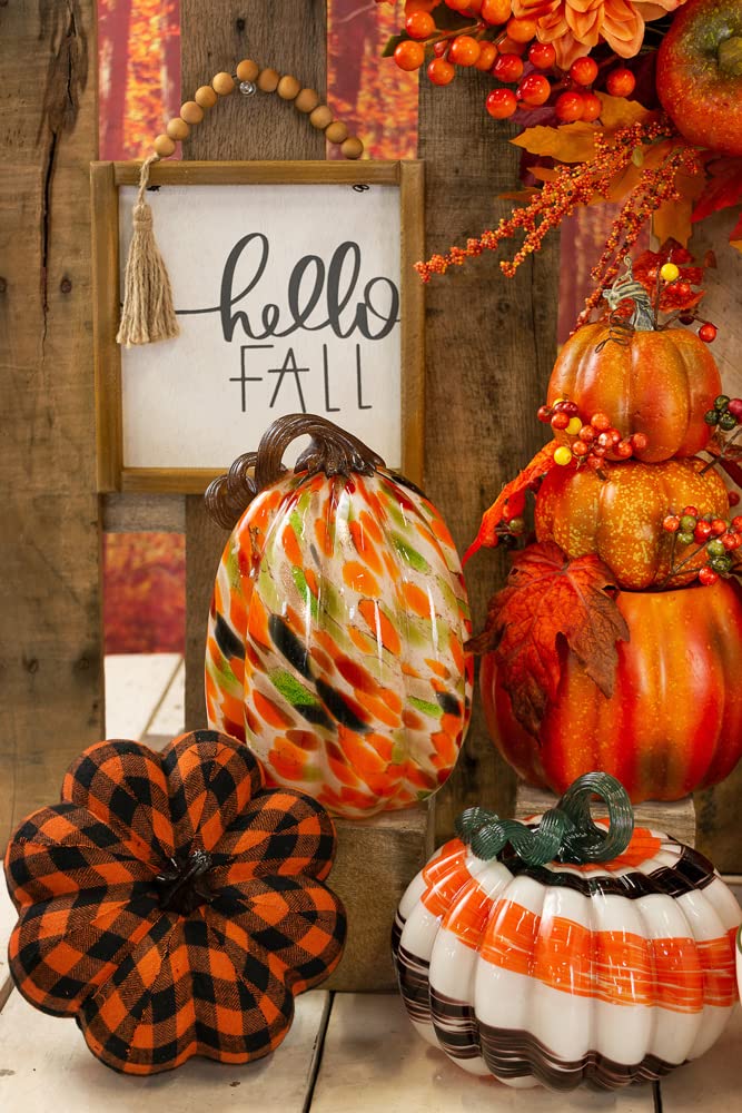 Boston International Glass Pumpkin Fall Autumn Harvest Thanksgiving Tabletop Decorations Hand Blown Glass, Small, Autumn Swirl