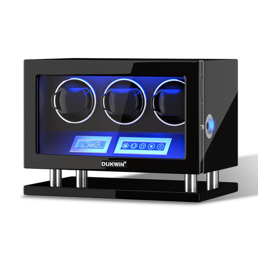 DUKWIN Watch Winder for 3 Automatic Watches,Fingerprint Lock Watch Winders with LCD Touchscreen, Blue LED Light, Remote Control,Adjustable Pillow and Quiet Motor for Universal Watches, 5TPD