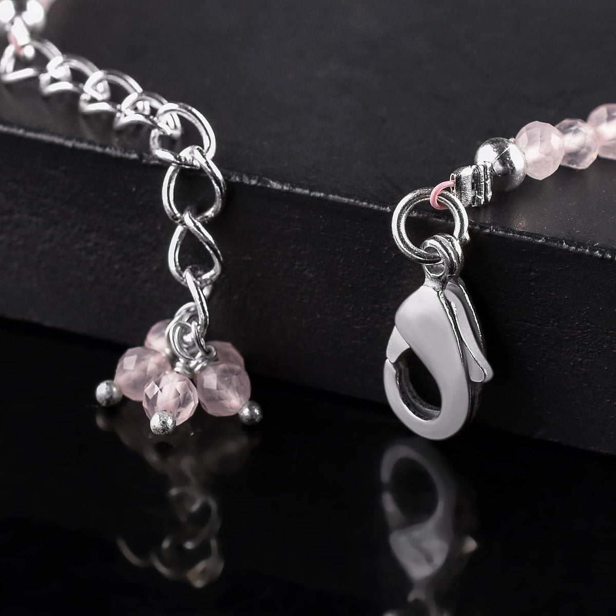 QNAVIC Pink Rose Quartz Micro Round Beads Dainty Bracelet for Women, Birthstone Bracelet jewelry Chakra Healing Crystals, Silver Plated Chain 8 inch Birthday Gift for Her