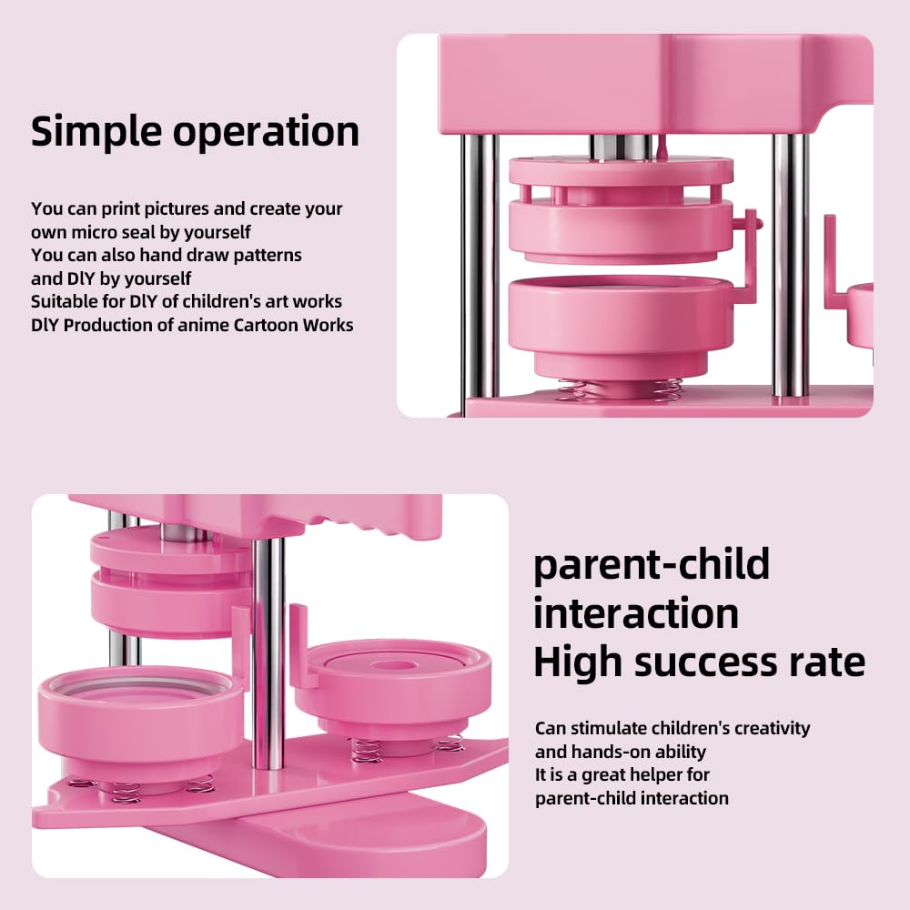 FreeingBAG Button Maker Machine 58mm - (3 Gen) Installation-Free (2.25in) DIY Badge Button Maker Press Machine Badge Punch Press with 100pcs Button Parts Pictures (Pink, 2.25 inch / 58mm)
