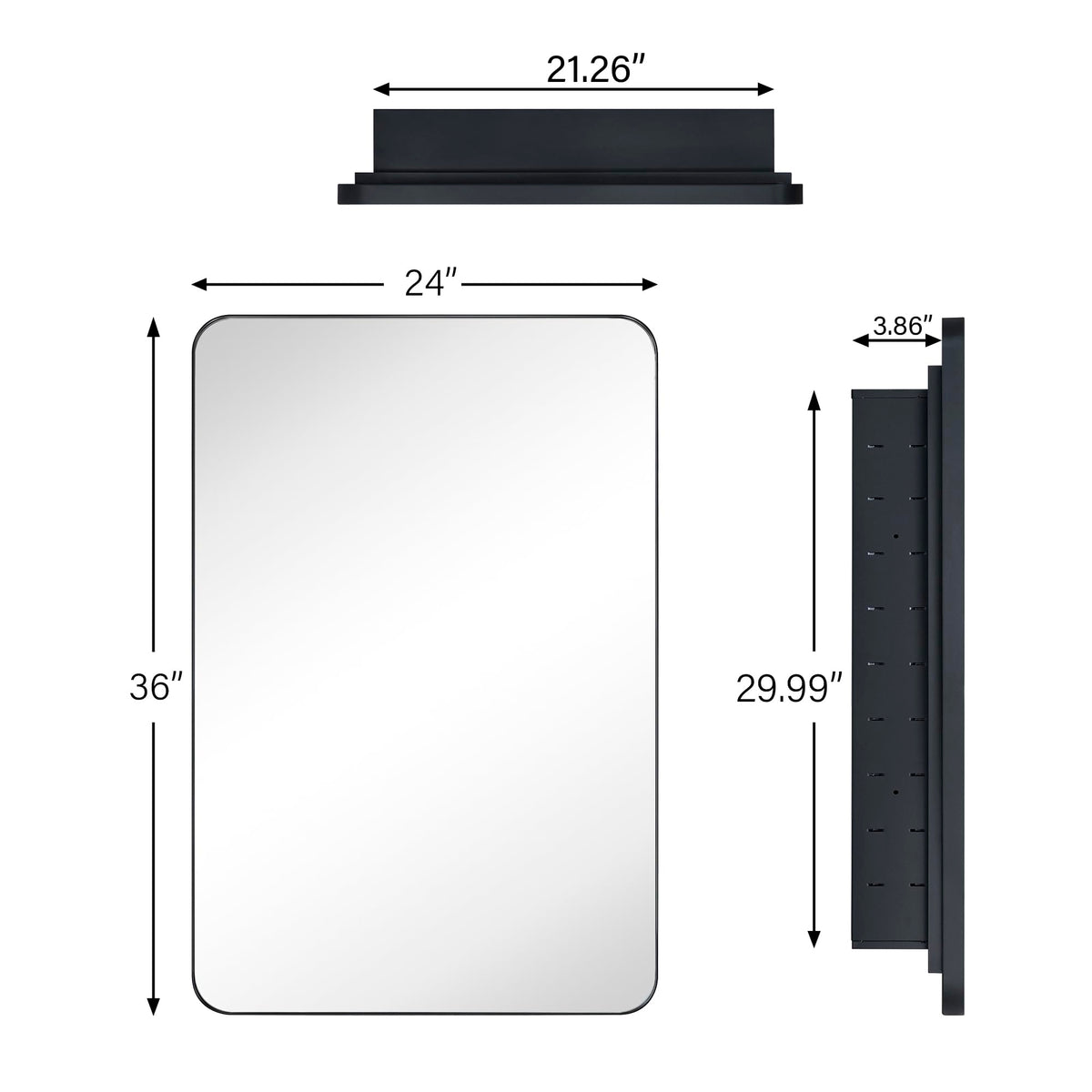 EGHOME Matt Black Rectangle Recessed Bathroom Medicine Cabinet with Mirror Stainless Steel Metal Framed Rounded Rectangular Bathroom Cabinet with Mirror 24x36''