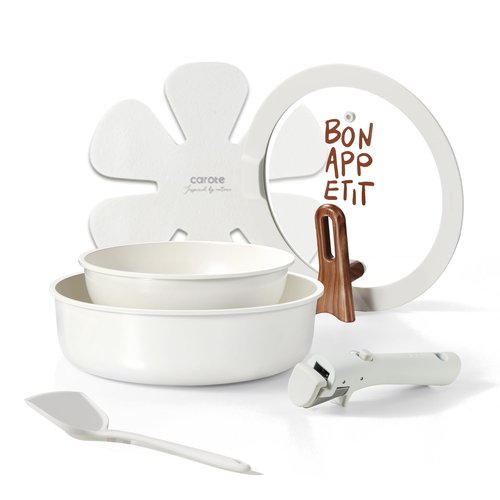 CAROTE Ceramic Pots and Pans Set Non Stick, Nonstick Kitchen Cookware Sets with Lid, Detachable Handle Sauté Pan Set, Non Toxic Frying Pan, Oven Safe, Induction Ready, Cream White