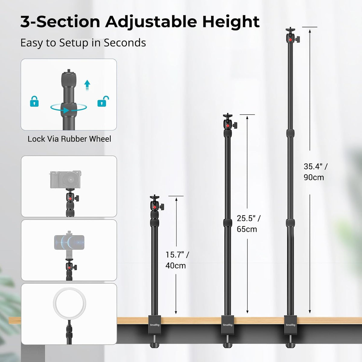 SMALLRIG 15"-35" Camera Desk Mount C Stand, Adjustable Desk Tripod Light Stand, Tabletop C Clamp for Webcam, DSLR
