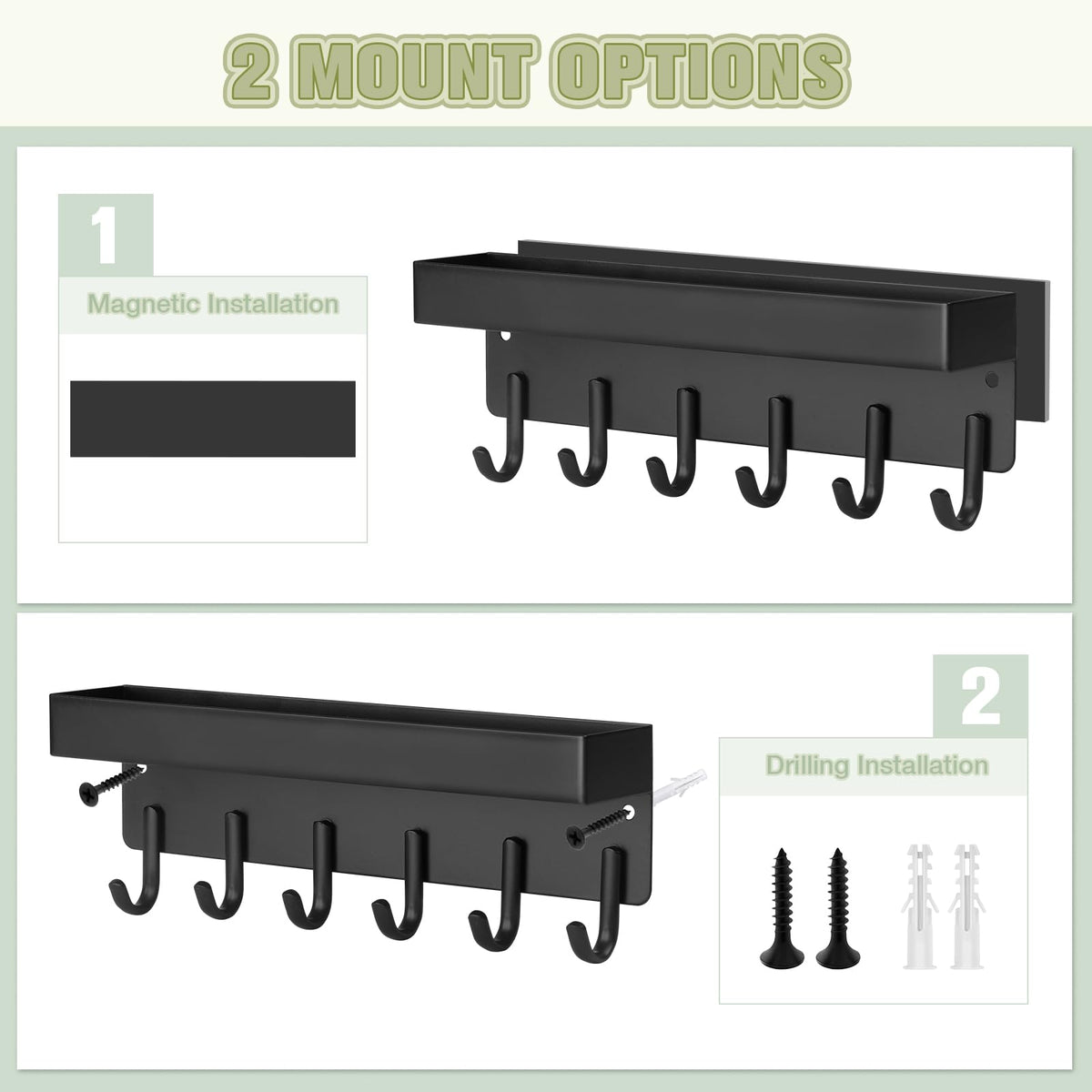 VIS'V Magnetic Key Holder Wall Mount, Compact Metal Key Rack with Tray, 6 Hooks, 2 Mount Options, Black