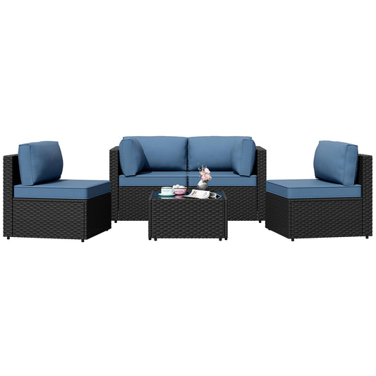 Patio Furniture Sets, 5 Piece Outdoor Sectional Sofas, Wicker Rattan Outdoor Furniture Patio Conversation Set, All-Weather PE Rattan Outdoor Couch for Backyard, Garden, Black & Aegean Blue