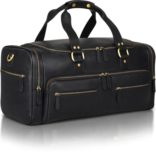 Luxorro Full Grain Leather Duffle Bag for Men | TSA Approved 22x14x9 Carry On Luggage | 22 Inch, 45L Capacity | Overnight Weekender & Travel Duffel | Black