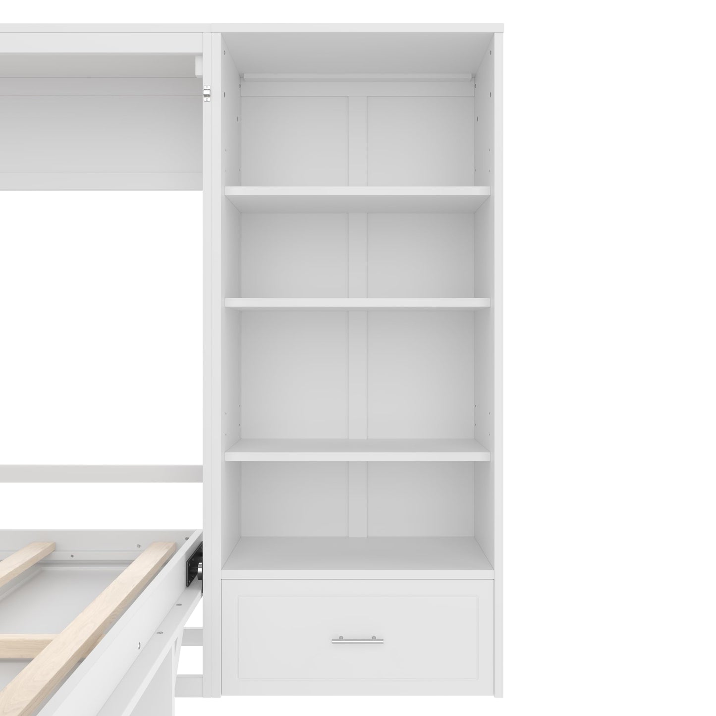 Merax Queen Murphy Bed with 3 Height Adjustable Storage Shelves & 1 Drawer, Wall Bed Frame Multifunctional Foldable Platform Bed for Small Space, Bedroom, Guest Room, Bear 500LBS (White)