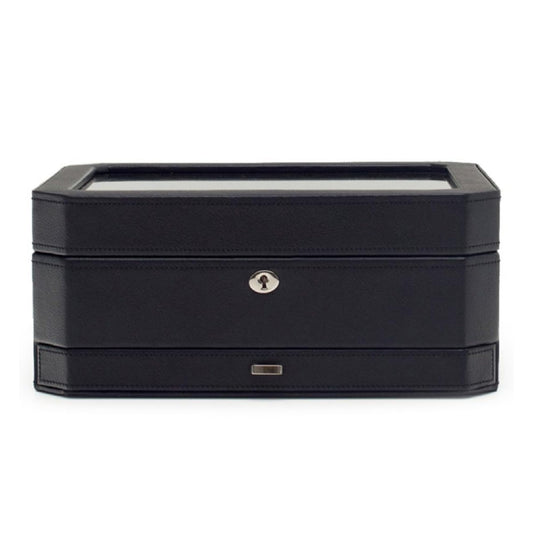 WOLF Windsor 10-Piece Watch Box with Drawer, Black - Features 10 Watch Compartments, Eight Ring Rolls & 17 Jewelry Compartments - Vegan Leather Exterior