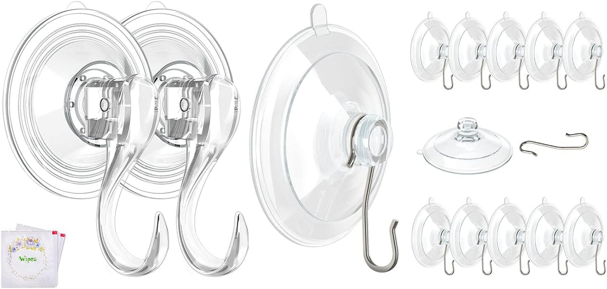 VIS'V Suction Cup Hooks - 2 Large & 12 Small Metal Hooks for Strong Hold | Home Organization