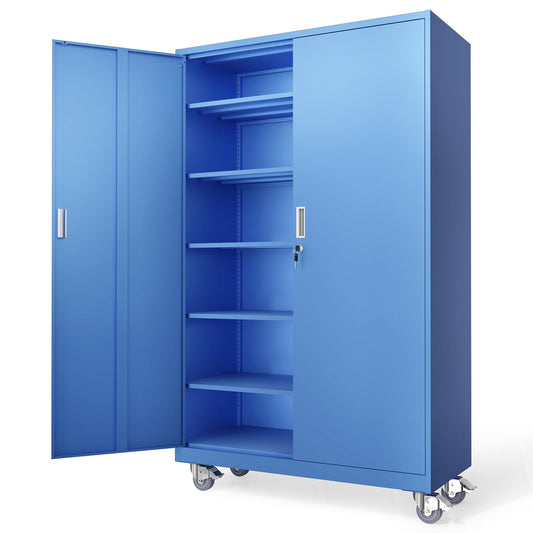 VINGLI Large Metal Storage Cabinet with 2 Doors and 5 Adjustable Shelves, Upgraded Height & Wide & Deep, 43''W x 20''D x 72''H, Oversized Garage Storage Cabinet with Wheels and Locks (Blue)