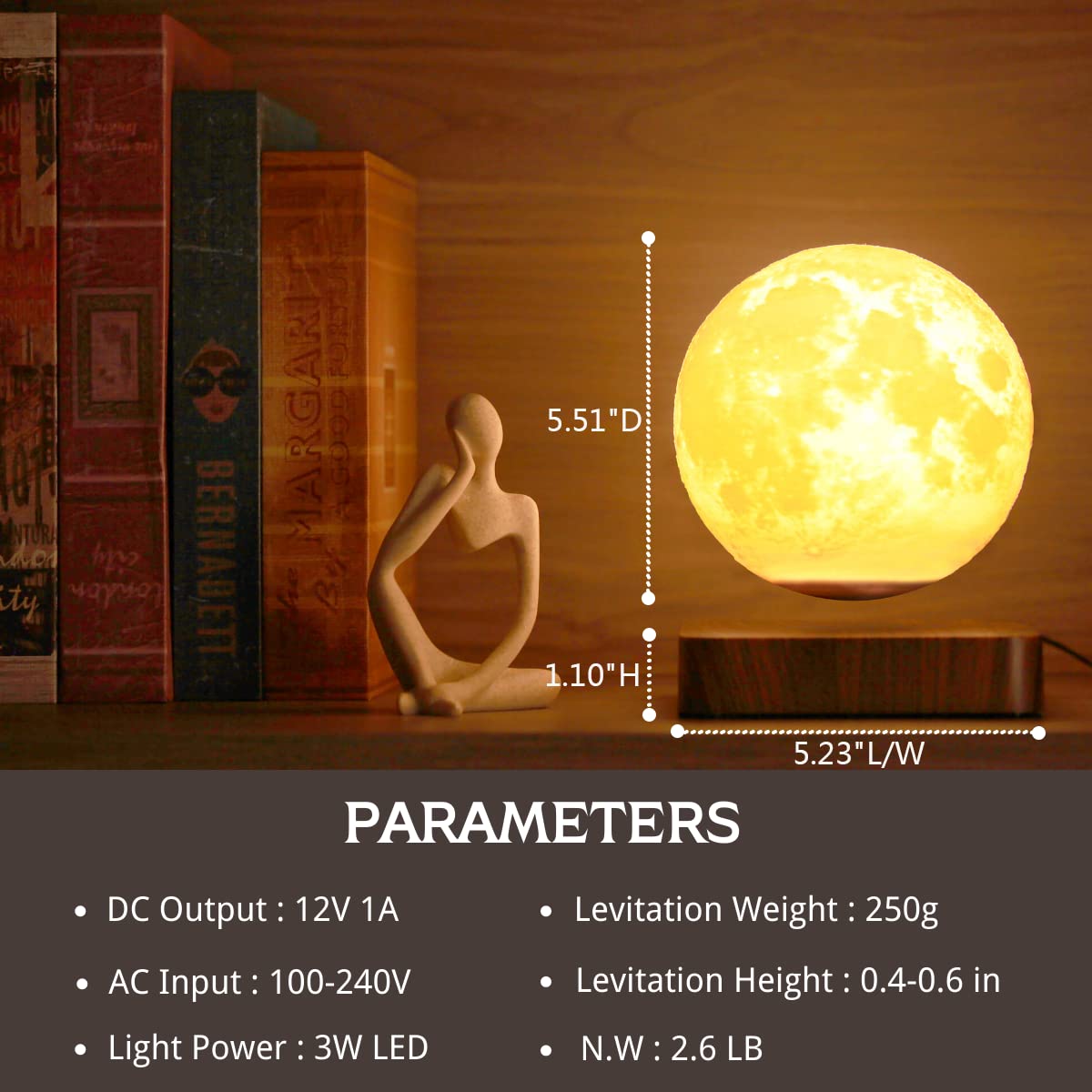 MOOCCI Magnetic Levitating Moon Lamp, 3D Printed Realistic Moon Surface with Warm White Light, Unique Valentine's Day Christmas Gift for Wife Girlfriend Women Mom, Cool Home Decor