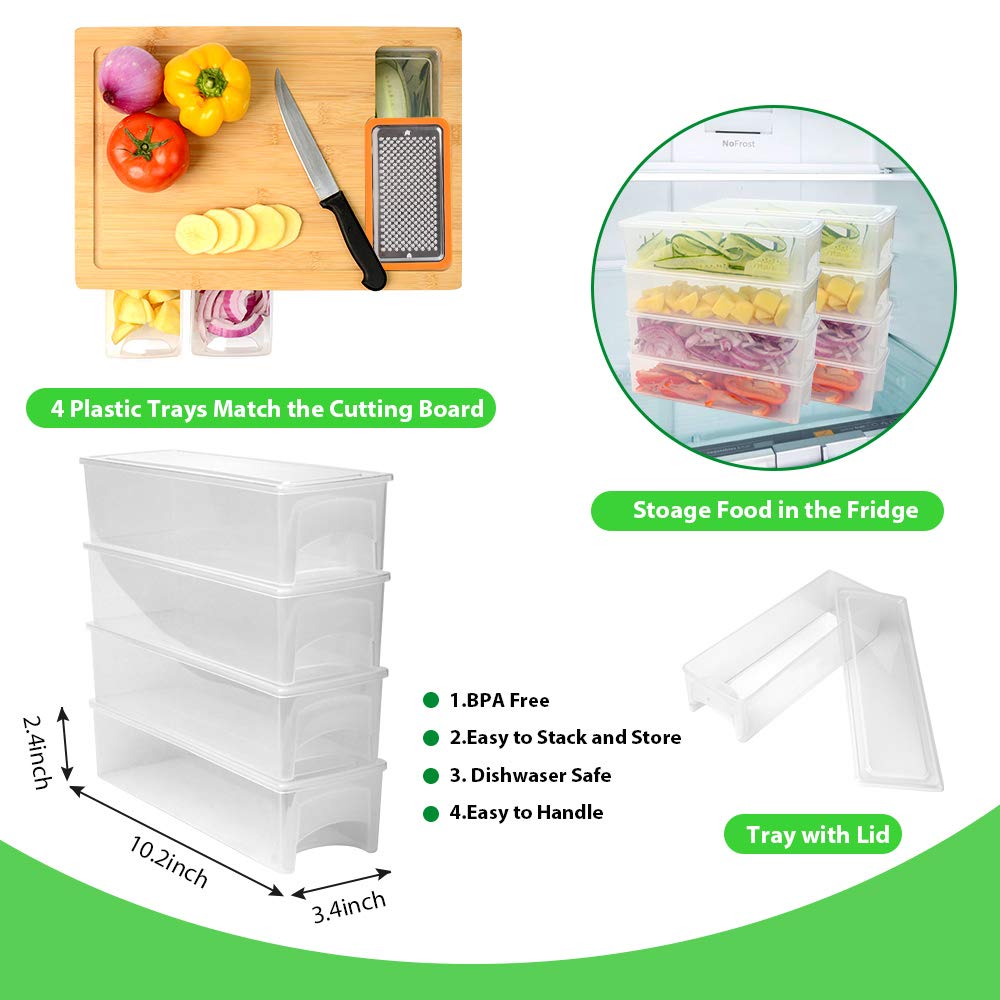 COMELLOW Bamboo Cutting Board with Containers, Lids, and Graters, Large Wood Cutting Board with Containers, Food Dropping Zone, Carving Board with Easy-grip Handle, Juice Groove