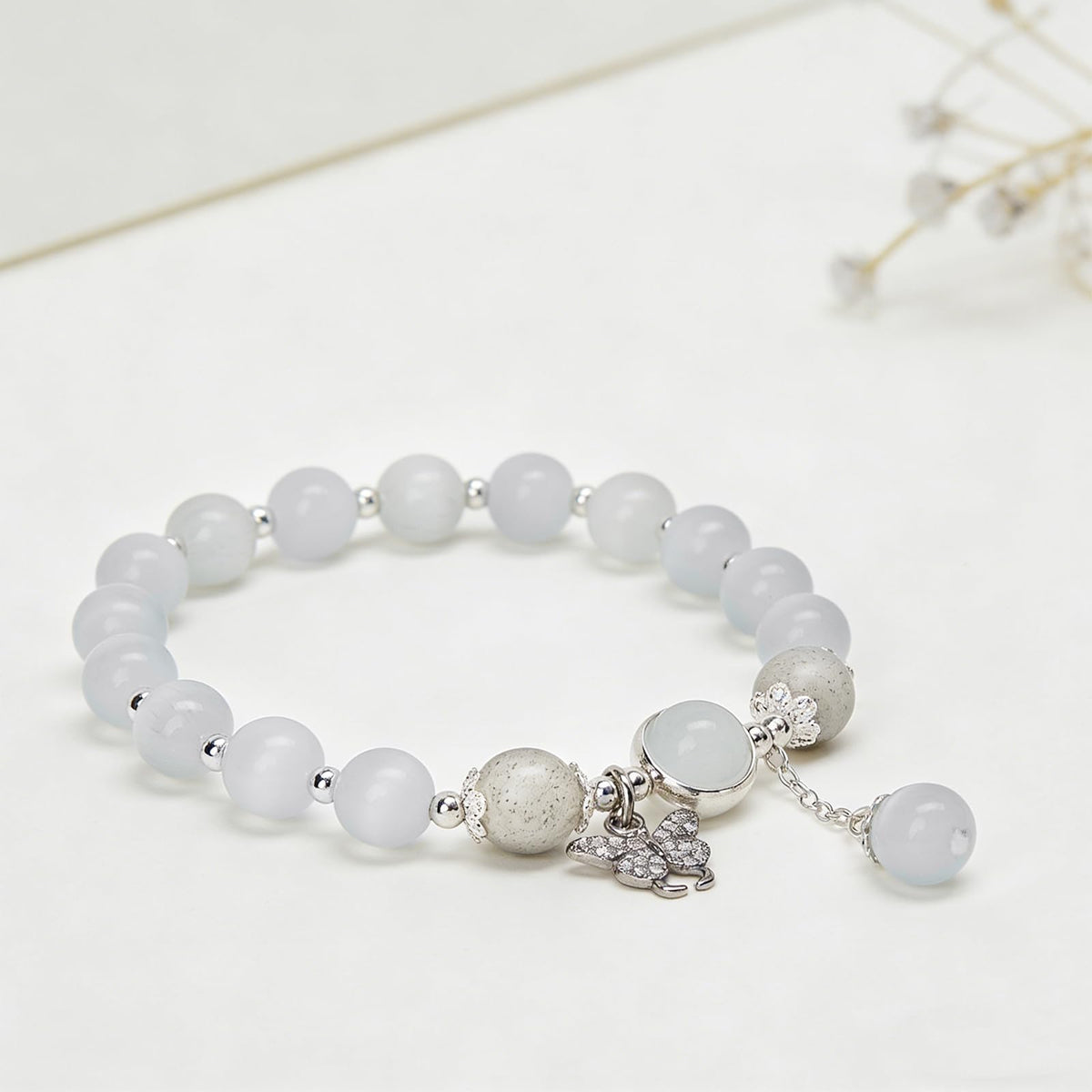 Buddha Stones Butterfly Bracelets for Women, 8mm Cats Eye Stone Bracelet with Gray Moonstone Labradorite Butterfly Charm Healing Crystal Beaded Bracelet Meditation Spiritual Jewelry Mothers Day Gifts