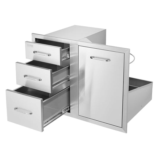 VEVOR Stainless Steel Cabinet, Outdoor Kitchen Door Drawer Combo 29.5" W x 22.6" H x 21.7" D, Access Door/Triple Drawers, Propane Drawer, Adjustable Garbage Ring, BBQ Island Patio Grill Station