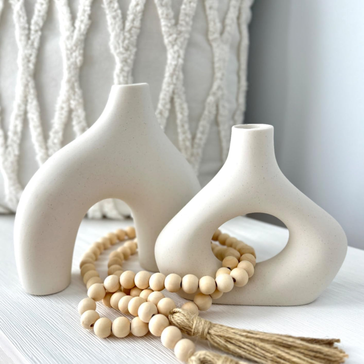 LUSHAURA Donut Vase Set | 2 Modern Boho Vases - 58" Wooden Garland & Felt Pads | Scandinavian Home Decor - White Vases for Flowers - Entry Table Decor - Boho Shelf Decor - Organic Modern Home Decor
