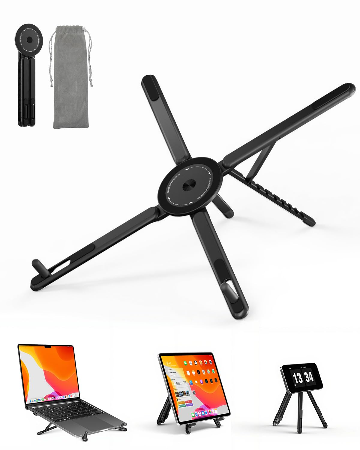Viozon Portable Laptop Stand for Desk, Foldable Adjustable Computer Riser with Magnetic Phone Holder, Aluminum Laptop Stand for 10–16” Laptops & 4–13” Phones/Tablets (Black)