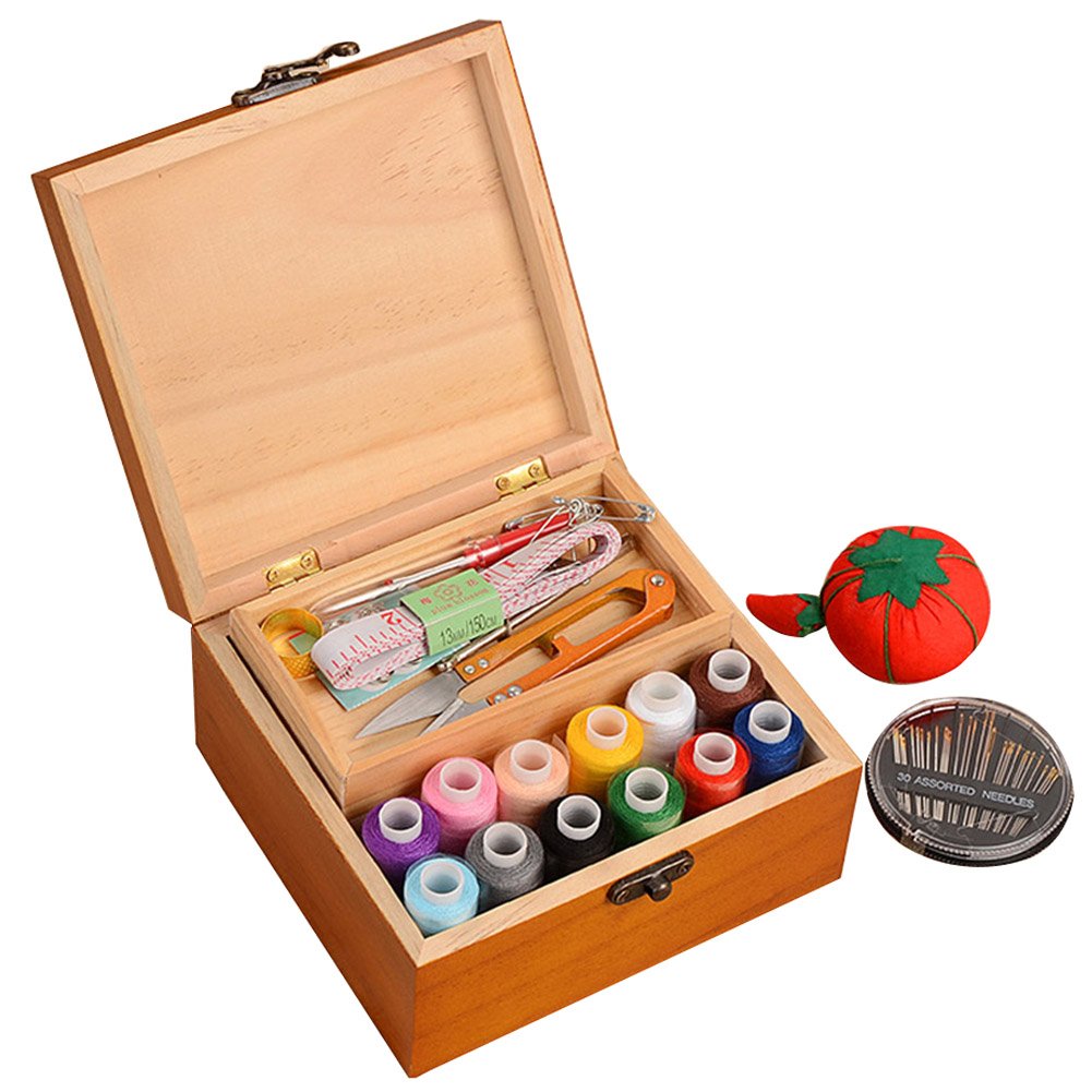 OLizee® Portable Wooden Sewing Kit Case Organizer Box Set for Home Travel, with Thread/Needles/Tape Measure/Scissors/Thimble and Other Accessories