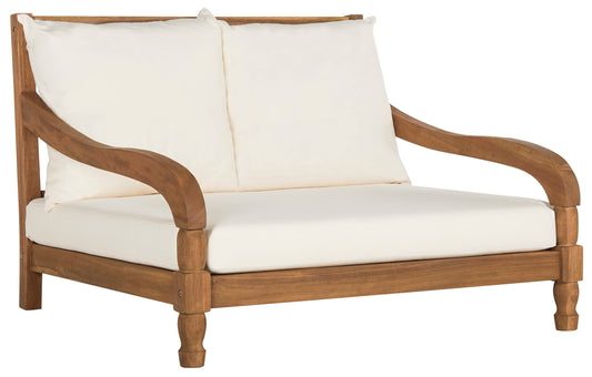 SAFAVIEH Outdoor Collection Pomona Natural Solid Wood/Beige Lounger Bench Sofa Loveseat (PAT6740A)