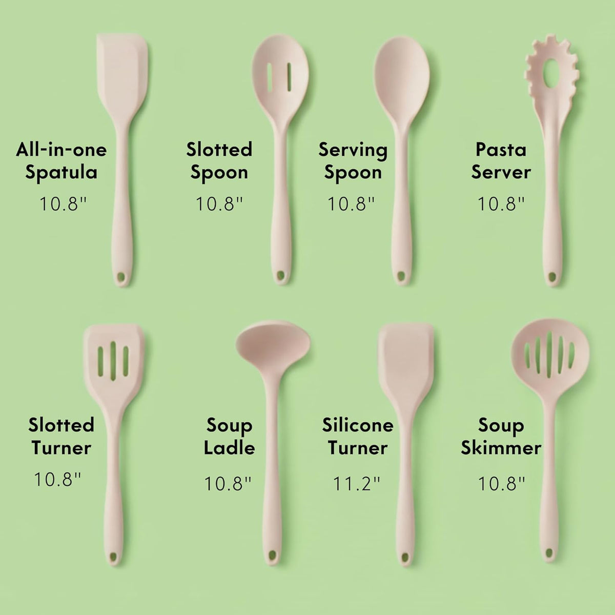 Skiennix Non-Toxic Silicone Kitchen Utensil Set - 8 Heat Resistant Cooking Tools, Beige, 100% Plastic Free