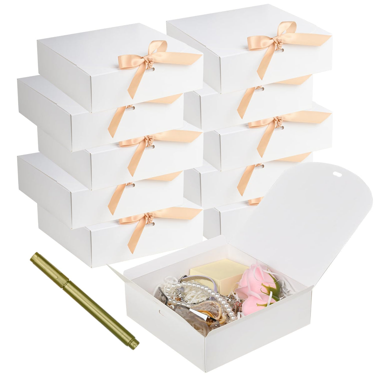 12Pack Small Gift Boxes,White Square Gift Box with Metal Pen for Candy, Chocolate, Wedding,Birthday, Baby Shower,6.5×6.5×2 Inch