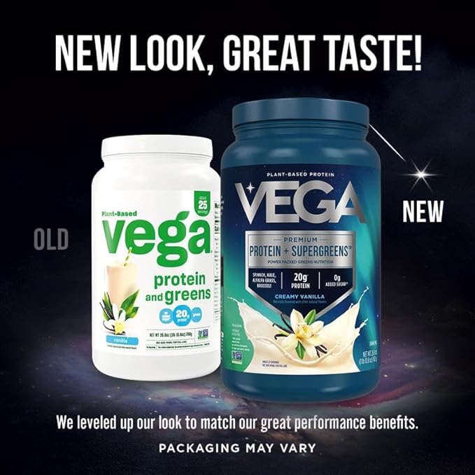Vega Premium Protein + Supergreens - 20g Protein, Creamy Vanilla, 25 Servings, Spinach,Kale, Alfalfa Grass, Broccoli, 0g Added Sugar, Non-GMO, Gluten Free, Dairy Free, 1.68 lbs (Packaging May Vary)