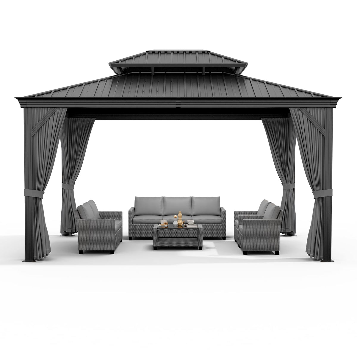 12'x14' Hardtop Gazebo, Heavy Duty Aluminum Permanent Hardtop Gazebo Outdoor Pavilion with Curtains and Netting for Garden