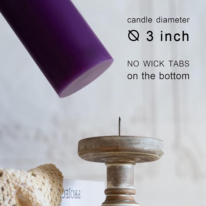 MOZEAL 3" x 8" Hand-Poured Unscented Candles,Large Purple Pillar Candles Set of 2,No Drip,Approx 120 Hours Long Burning,Wedding,Dinner,Christmas and Home Decor（3 Inch Diameter 8 Inch Height）