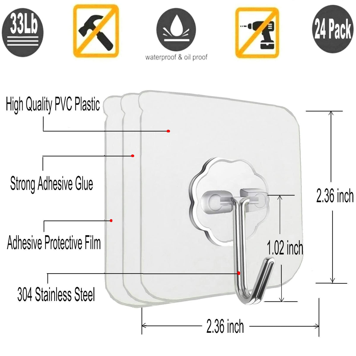 Jwxstore 24 Pack Self Adhesive Hooks Heavy Duty - 33lb Max, Transparent, Waterproof, Sticky Wall Hooks for Keys, Bathroom, Shower, Outdoor, Kitchen, Door, Home Improvement, Utility Hooks