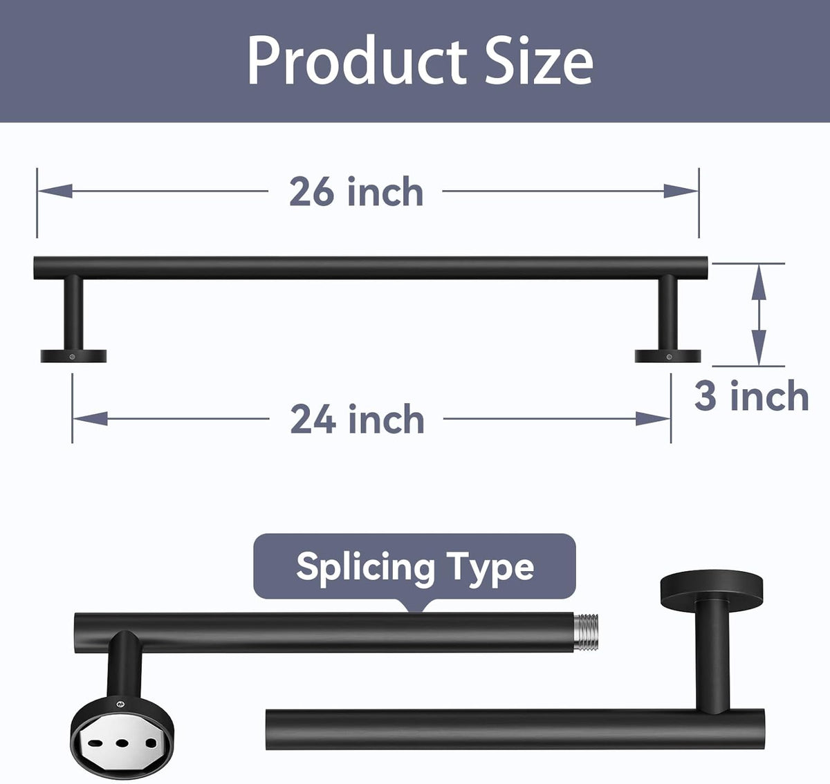 Skiennix Matte Black Towel Bar - 24 Inch Wall-Mounted Towel Holder | Durable SUS304 Stainless Steel