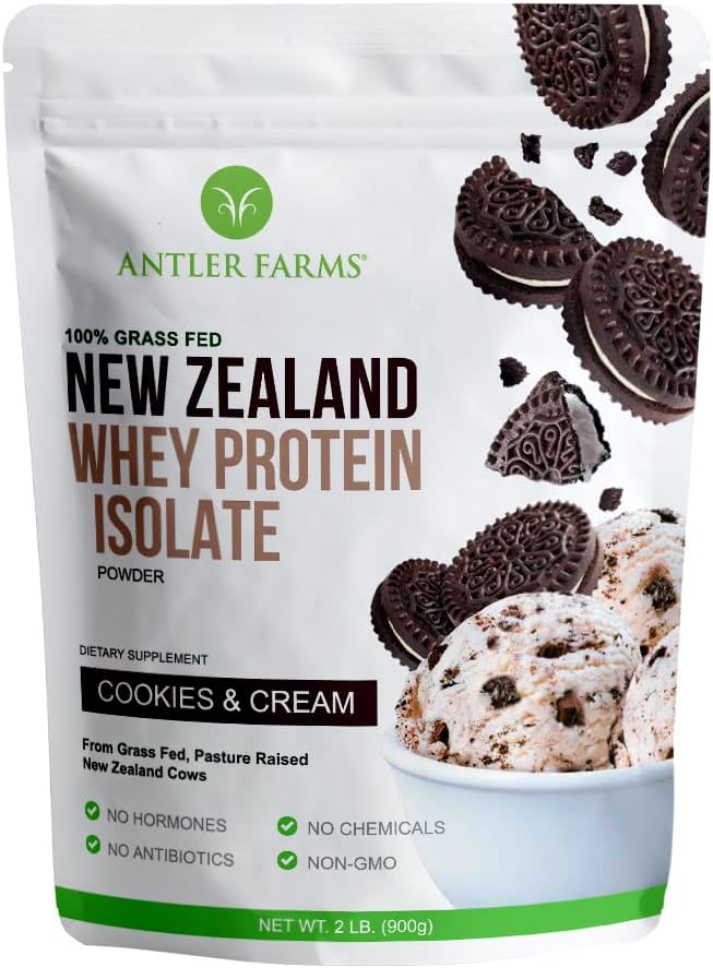 Antler Farms - 100% Grass Fed New Zealand Whey Protein Isolate, Cookies & Cream Flavor, 2 lbs - Pure and Clean, 5 Ingredients, Cold Processed